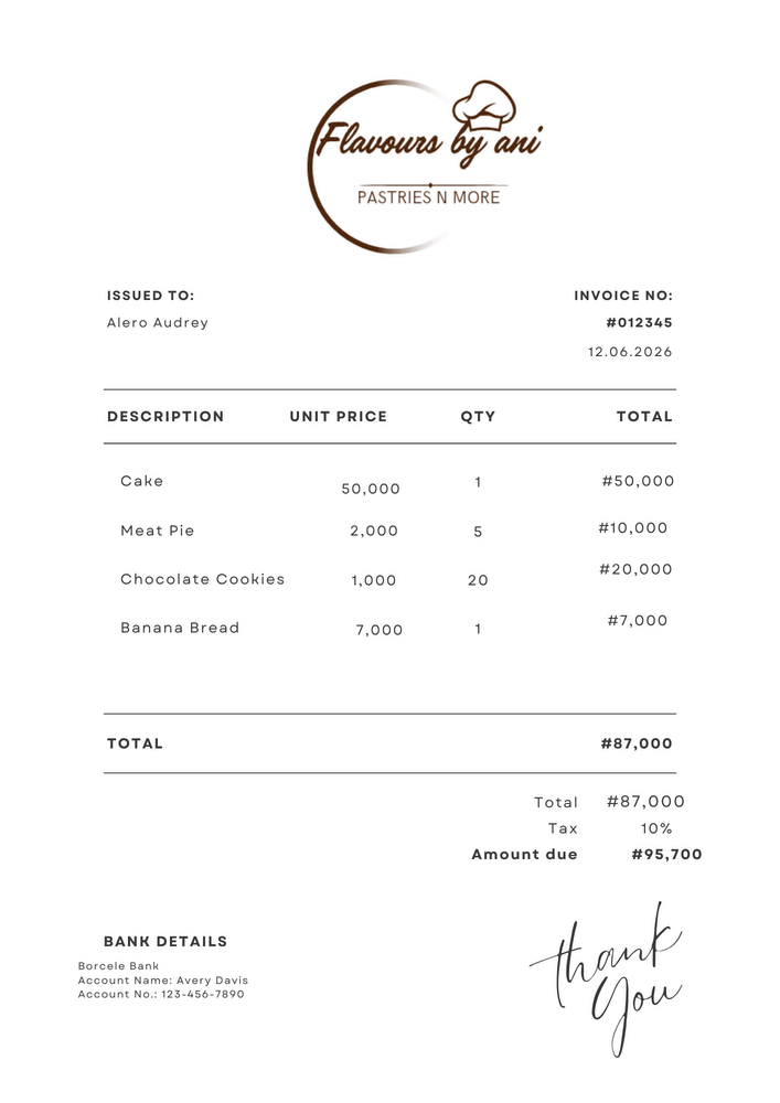 Branded business invoice designed in Canva for a pastry business
