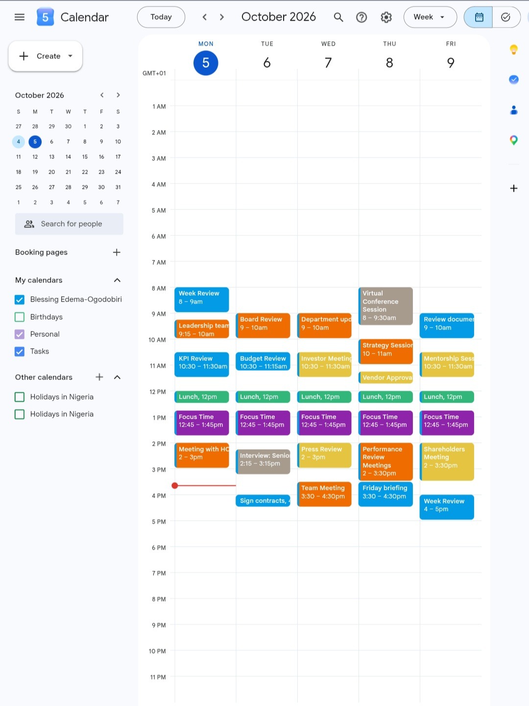 Colour-coded Google Calendar week with reviews, meetings, lunch and daily focus time