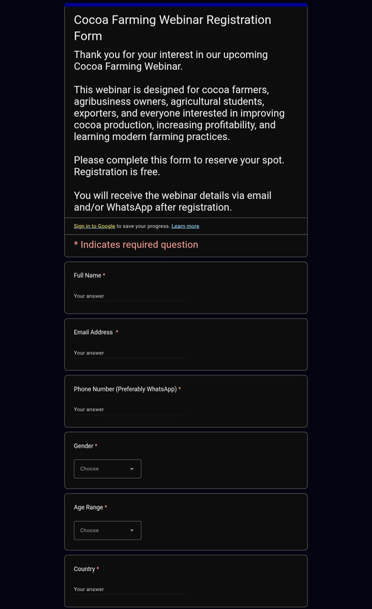 Cocoa farming webinar registration form intro and contact fields