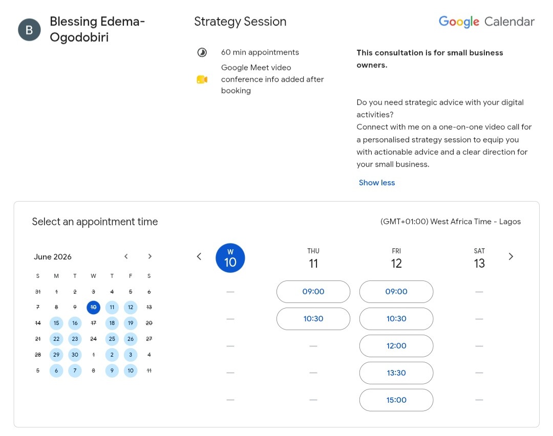 Strategy Session booking page with available 60-minute appointment slots