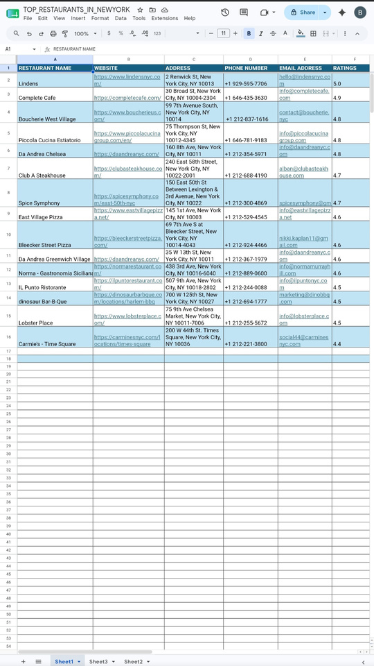 Spreadsheet of top restaurants in New York with contacts and ratings