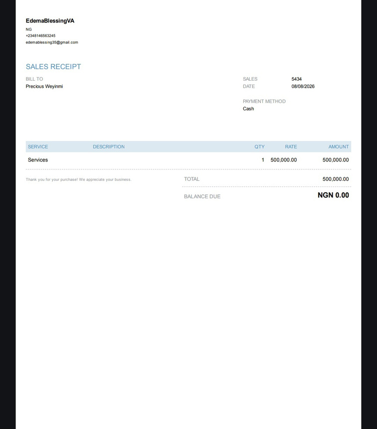 Sales receipt created in QuickBooks
