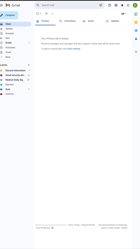 Clean, empty Gmail primary tab after inbox management