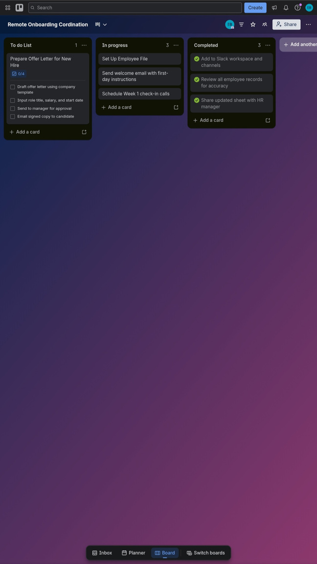 Trello board showing remote onboarding tasks across three stages